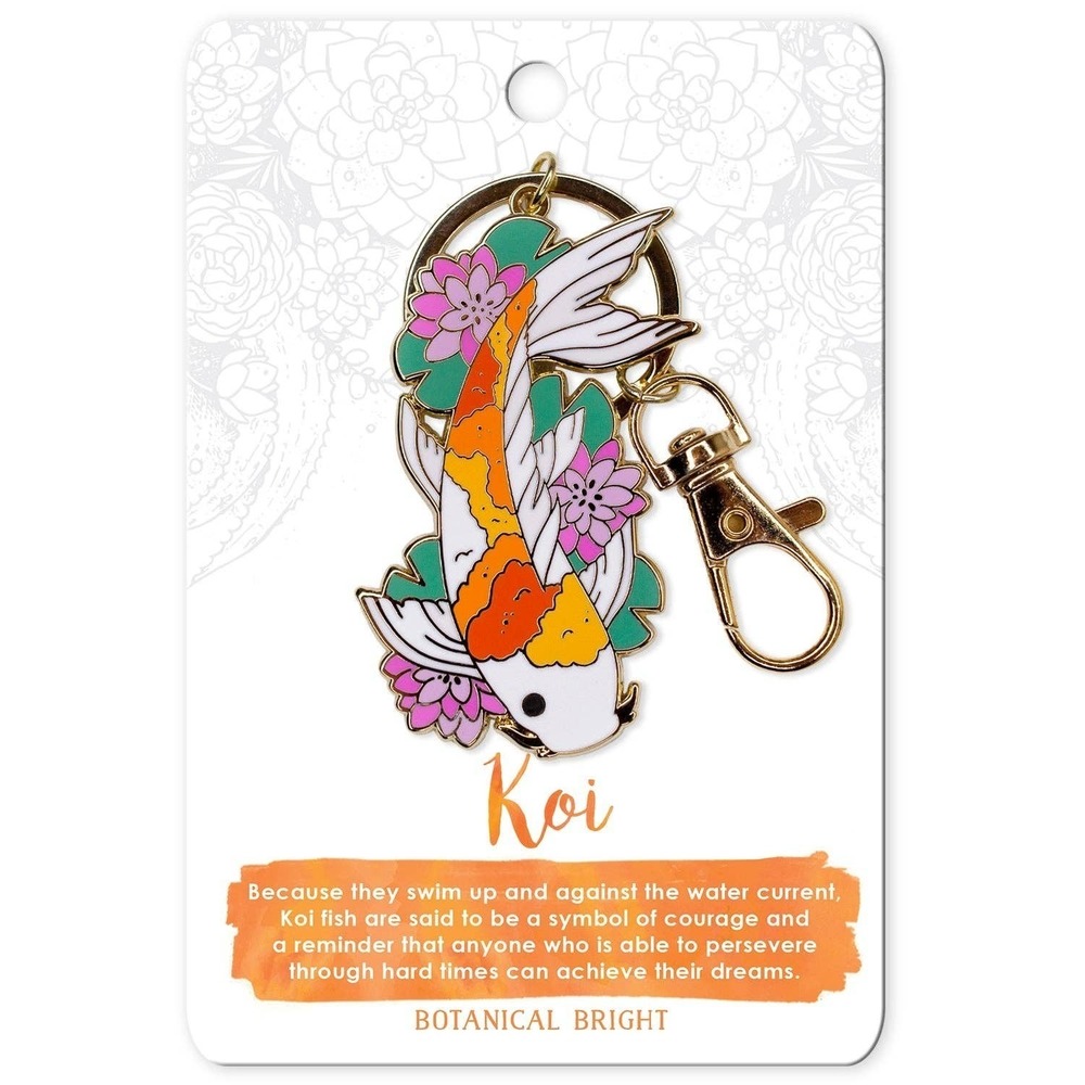 Koi Fish & Lily Pad Enamel Keychain with Key Clip - Gold Plated Nature Accessory